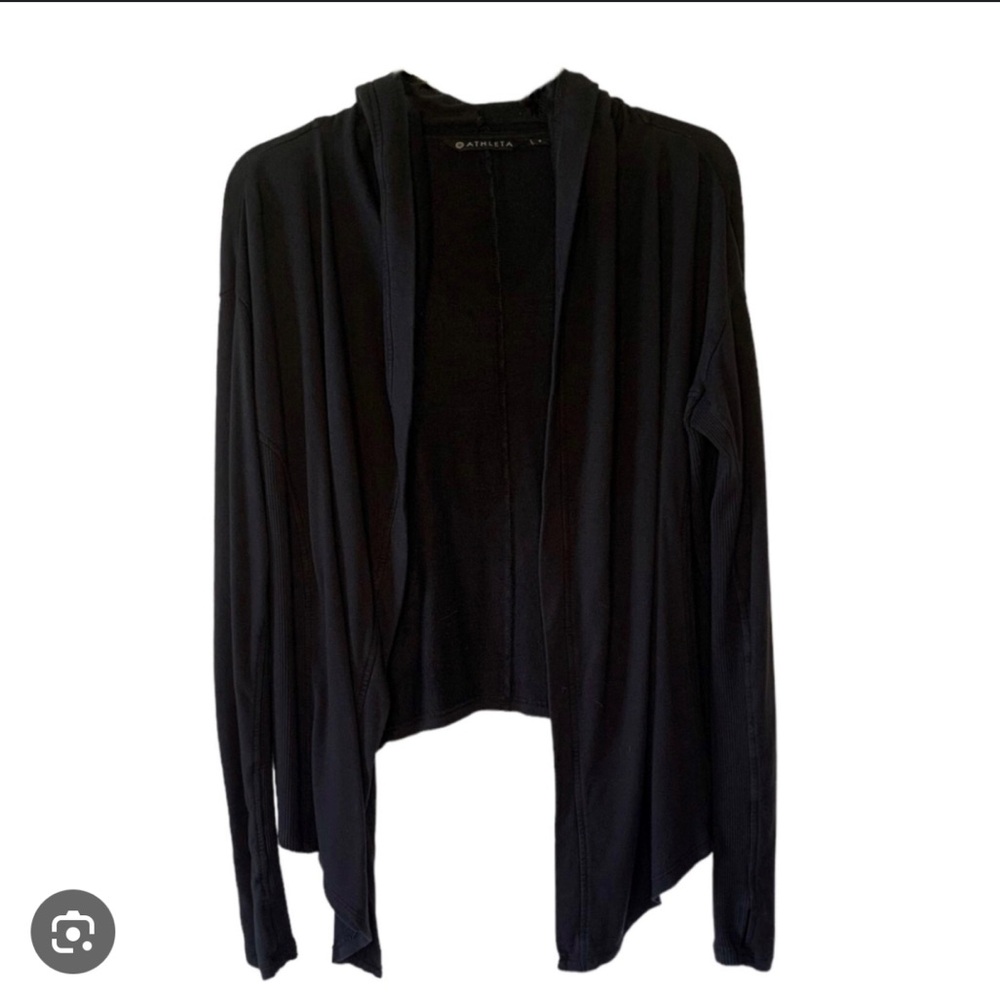 ATHLETA Black Nirvana‎ Long Ribbed
Sleeve Open-Front Knit Hooded Cartigan